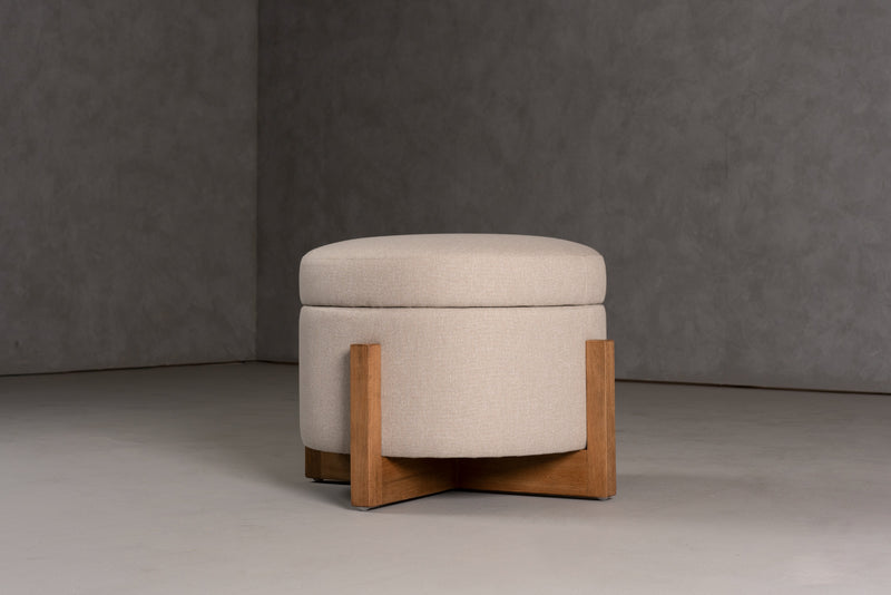 Modrest Sada - Mid-Century Modern Beige Linen + Chestnut Round Ottoman