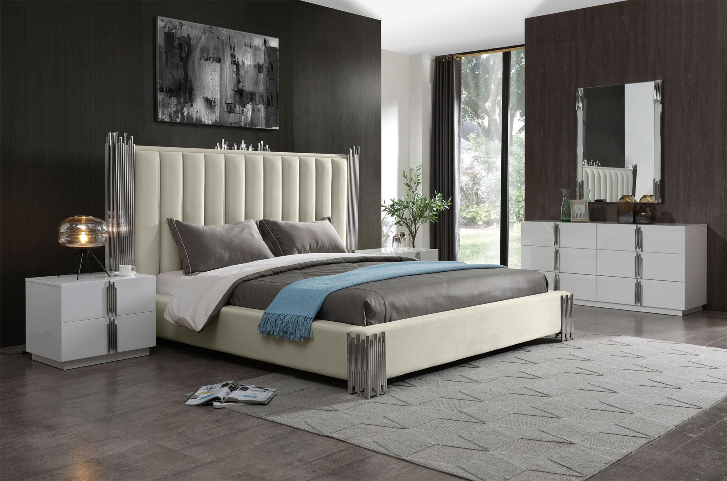 Modrest Token - Eastern King Modern White & Stainless Steel Bed